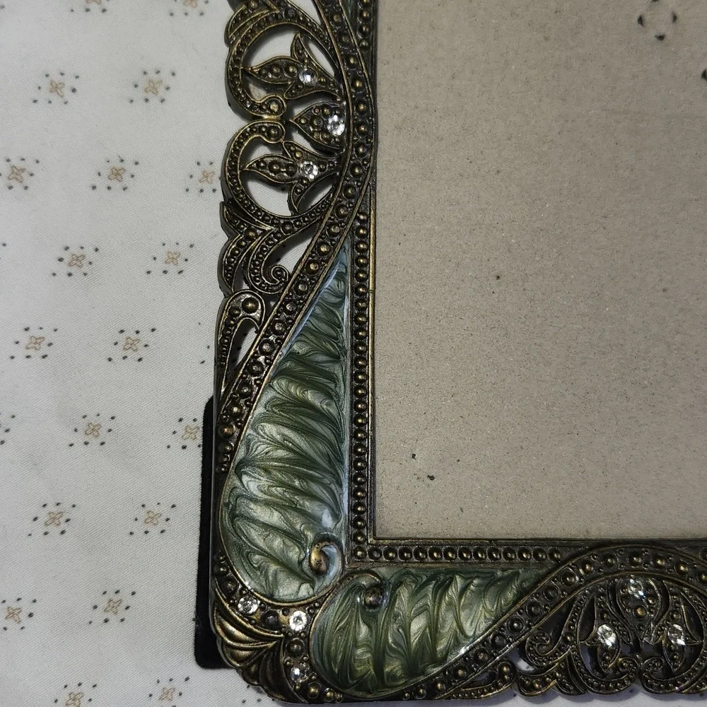 Vintage Green Enamel and Rhinestone Filigree Elegant  Ornate Photo Frame